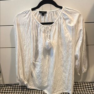 J. Crew White Embroidered Tassel Peasant Blouse